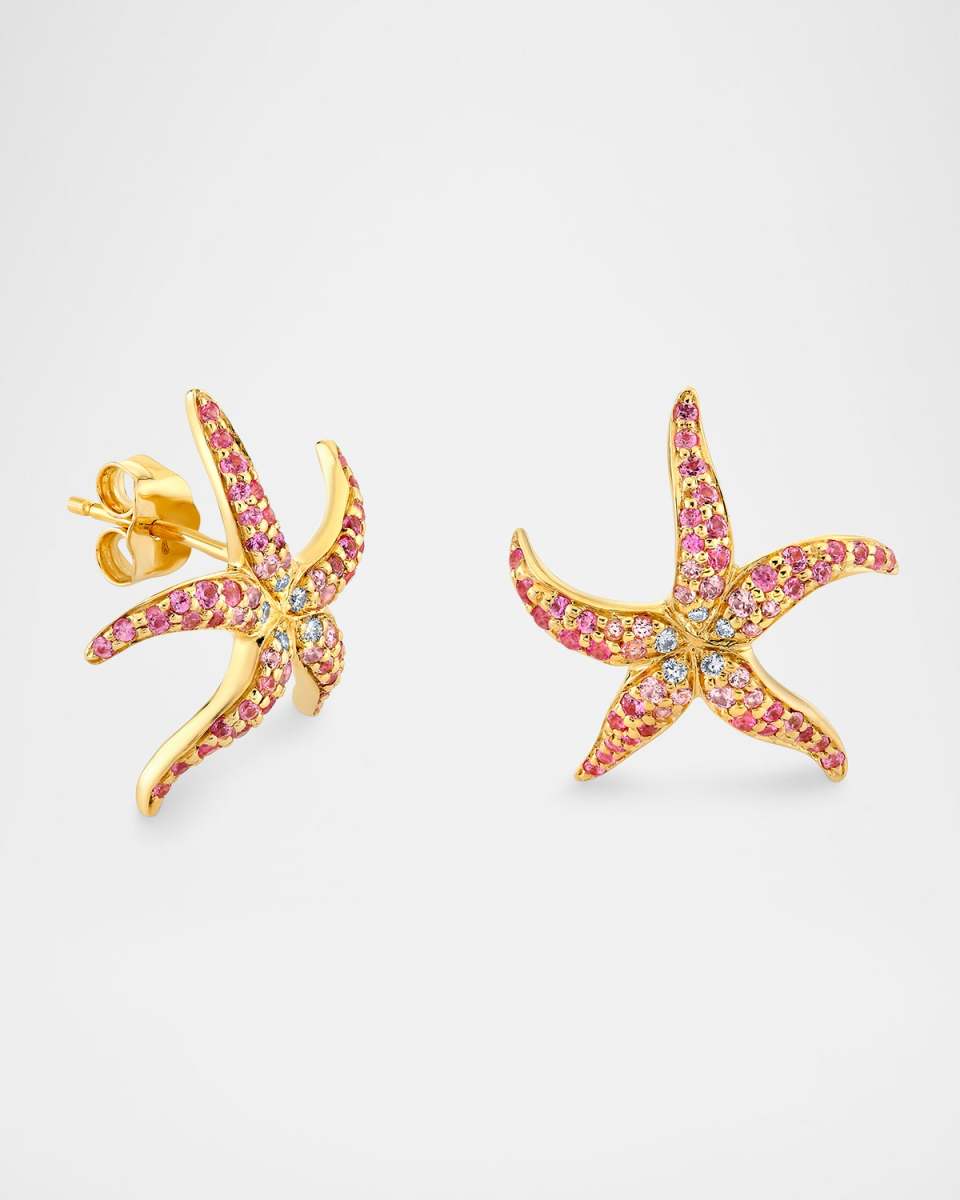 14K Pave Starfish Stud Earrings with Pink Sapphires